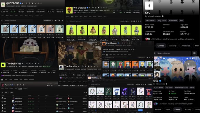 A collage of NFT marketplace screenshots showing collections including QUOTRONS, WTF Outlaws, KYC, The Doll Club, The Bandids, and Doodles, with item listings, floor prices, and 24-hour volumes visible.