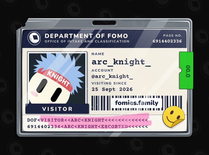 A digital visitor ID badge for the 'Department of FOMO' showing the username 'arc_knight_' visiting since '25 Sept 2026' with a smirking face avatar wearing a 'KNIGHT' headband.