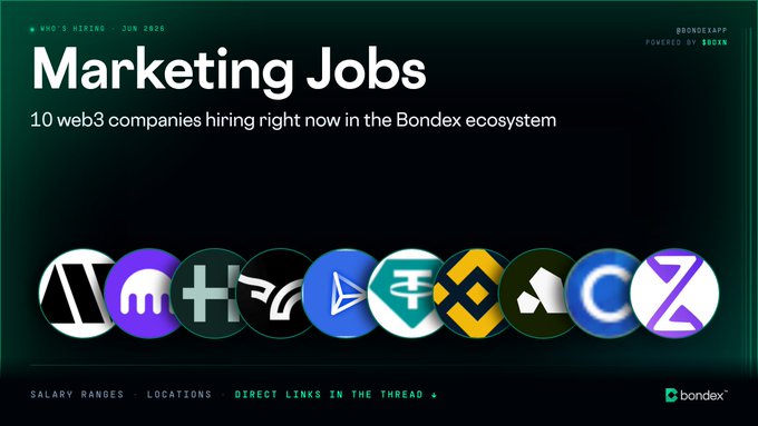 The image features a poster for job openings at various companies within the Bondex ecosystem. The poster displays a list of ten web3 companies that are hiring marketing professionals, with their names and descriptions. The text "10 web3 companies hiring right now in the Bondex ecosystem" indicates that these companies are actively seeking candidates to join their teams. The poster also includes links to apply for these positions at each company.