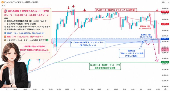 A Bitcoin/USD trading chart on a 1-hour timeframe showing entry/exit levels at 63,300-63,400 (short position), stop loss at 63,650, take profit at 62,700, and a downside target at 62,300-62,400, with an illustrated female analyst avatar explaining the short-selling strategy near the 64,200 resistance level.