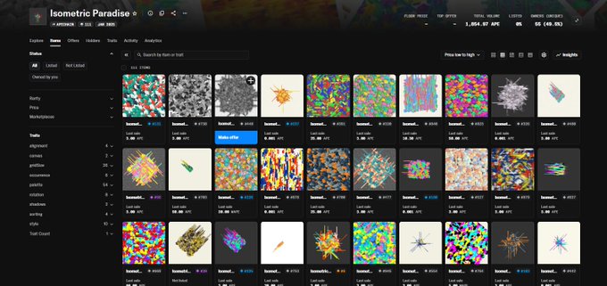 A screenshot of an NFT marketplace called 'Isometric Paradise' showing a grid of various abstract, colorful digital artworks with prices in ETH.
