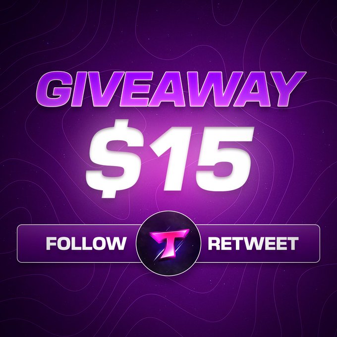 Purple promotional graphic advertising a '$15 GIVEAWAY' requiring users to follow and retweet a Telegram-themed account.