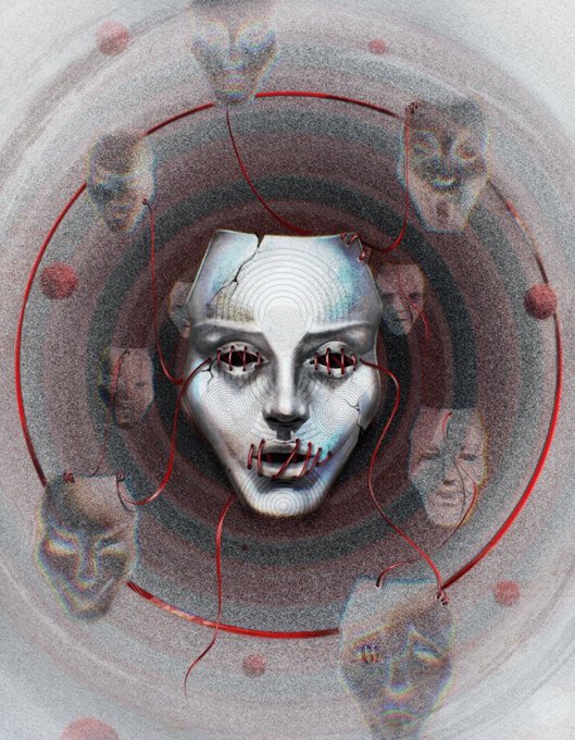 A surreal, textured artwork featuring a central metallic mask with stitched lips and red wires, surrounded by concentric circles and ghostly, distorted faces in the background.