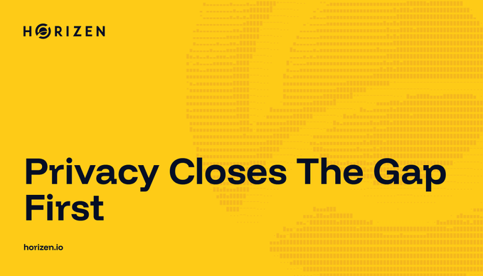 A yellow promotional banner for 'HORIZEN' featuring the tagline 'Privacy Closes The Gap First' and a pixelated globe graphic in the background.