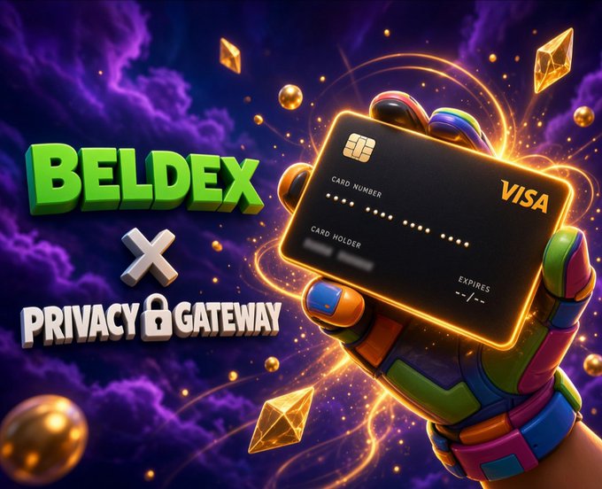 A promotional graphic displays the text 'BELDEX x PRIVACY GATEWAY' next to a colorful robotic hand holding a glowing Visa credit card against a purple cloudy background.