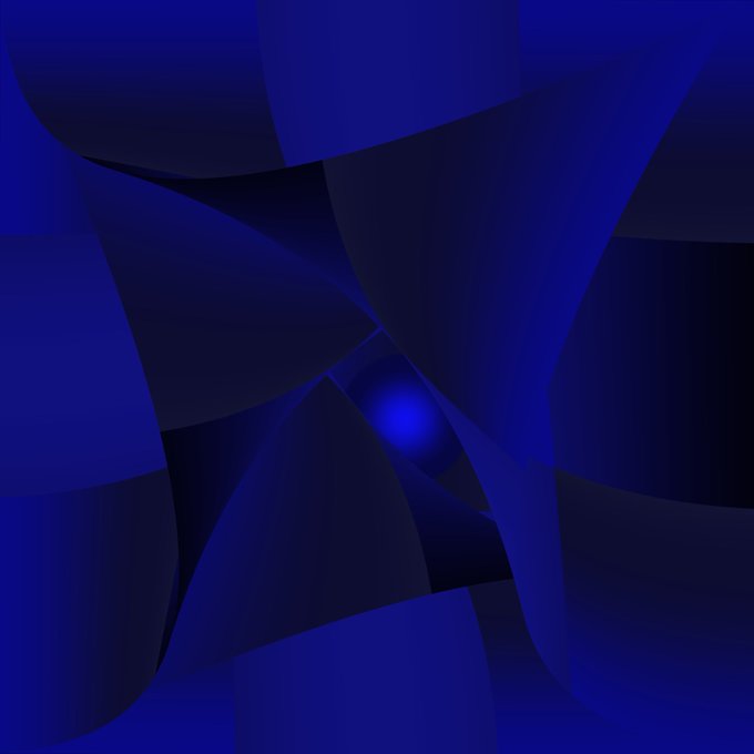 An abstract digital artwork featuring dark blue curved shapes overlapping against a vibrant blue background, with a glowing light in the center.