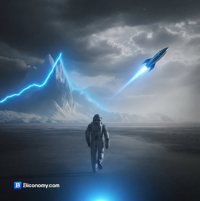 An astronaut walks alone across a vast barren landscape toward a glowing rocket launching into stormy skies, with "Biconomy.com" displayed in the corner—mirroring the post's message of solitary perseverance and bold forward motion despite uncertainty in trading.