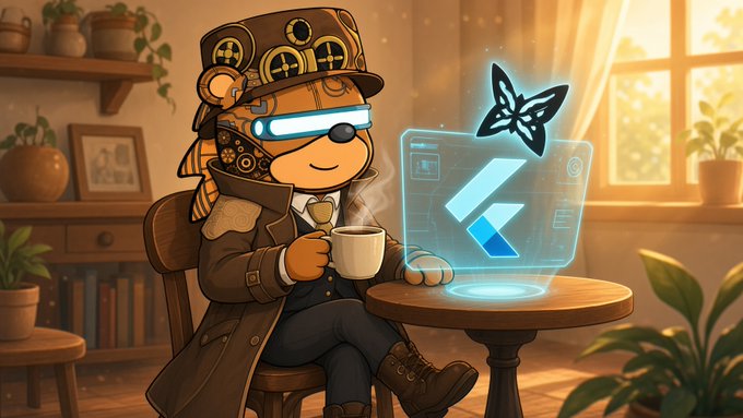 A steampunk-styled monkey character wearing VR goggles and a decorated top hat sits at a wooden table holding a steaming mug of coffee, while a holographic display shows the Flutter logo and a butterfly icon, evoking the cozy, tech-curious atmosphere of settling in to learn about quantum computing.
