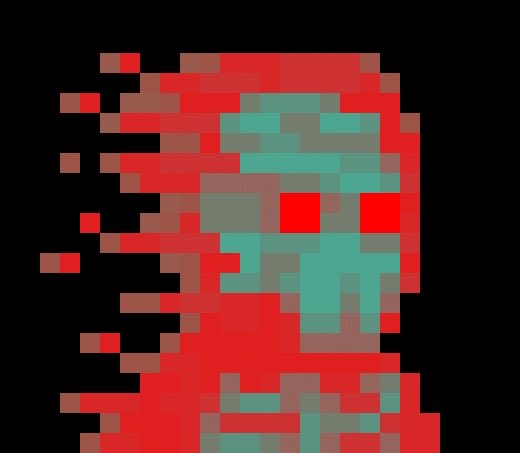 A pixelated, glitch-style digital artwork of a skull rendered in bright red and turquoise colors against a black background.