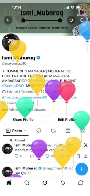 A social media profile page for Ismi_Mubaraq (@mayormaxi10) showing they are a Community Manager, Moderator, and Content Writer with 998 Following and 4.7M Followers, decorated with a balloon overlay effect.