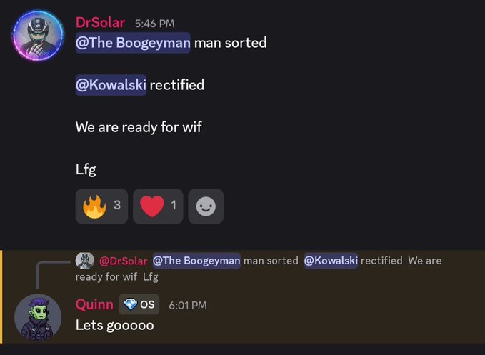 A Discord chat where a user named DrSolar announces "We are ready for wif," prompting an enthusiastic "Lets gooooo" reply from another user named Quinn.