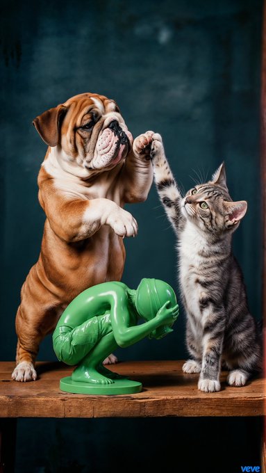A whimsical illustration by VeVe showing a bulldog and a tabby kitten standing on their hind legs appearing to high-five each other, with a small green figurine sitting on the wooden table between them.