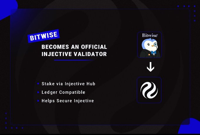 An announcement graphic stating 'BITWISE BECOMES AN OFFICIAL INJECTIVE VALIDATOR', highlighting benefits like 'Stake via Injective Hub', 'Ledger Compatible', and 'Helps Secure Injective'.