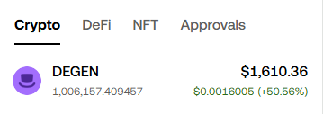 The image displays a screenshot of a website that features information about cryptocurrency trading, specifically focusing on the token "Degen" and its market value. The text says "Crypto DEGEN NFT Approvals $1,061,36 +50%.+5%". There is a graphic in the bottom right corner showing an overview of the transactions happening within the marketplace for the coin named "Degen". This screenshot appears to be related to the post or discussion that is visible in the image.