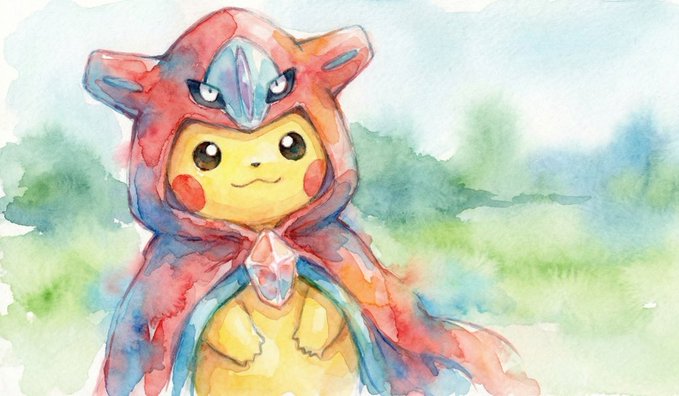 A watercolor painting of Pikachu wearing a red hooded cloak with pointed ears and a crystal pendant, paying homage to a Pokémon card design. The whimsical artwork complements the post's pokemon-themed recap, highlighting the creator's passion for Pokémon deals and their "pokefolio."