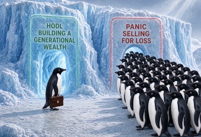 An icy scene shows a lone penguin with a briefcase approaching an archway labeled 'HODL BUILDING A GENERATIONAL WEALTH' while a crowd of penguins faces a wall labeled 'PANIC SELLING FOR LOSS'.