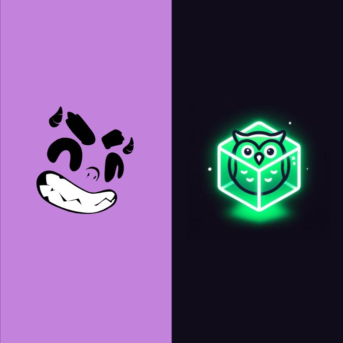A split image showing a black panda-style meme face on a purple background on the left, and a glowing green owl inside a cube logo on a black background on the right.