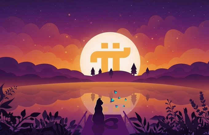 A stylized purple and orange illustration features a cat silhouette sitting on a dock by a lake, watching butterflies, with a large glowing Pi cryptocurrency symbol as the moon.