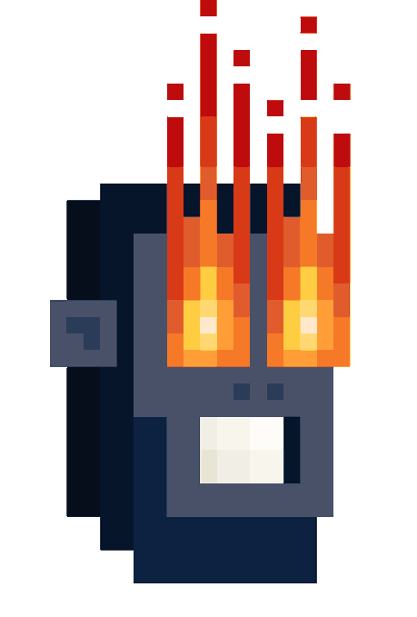 A pixel art illustration of a gray glove or hand engulfed in orange and red flames, resembling a fire spell.