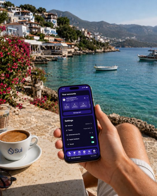 A person relaxes at a Mediterranean coastal café with a "Sui"-branded espresso cup, holding a phone displaying a Sui wallet interface showing settings options like Network, Theme, and Private Keys. The image evokes the post's theme of checking Sui "Slush" airdrops from a dreamy summer vacation destination, with the picturesque seaside village suggesting the perfect scenic spot to monitor crypto rewards.