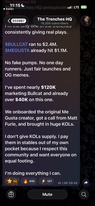 A screenshot of a Telegram post from 'The Trenches HQ' discussing meme coin launches, mentioning $BULLCAT reaching $2.4M, $MEGUSTA hitting $1.1M, and claiming over $160K spent on marketing with fair launches and no KOL supply.