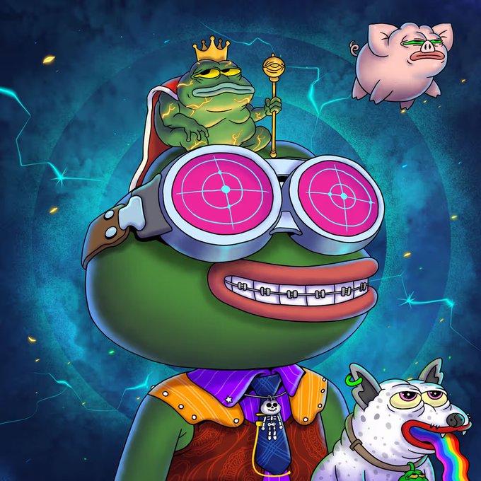 A colorful cartoon illustration of a green frog-like character with pink target eyes and braces, surrounded by a pig wearing a crown and a dog with a rainbow tongue.