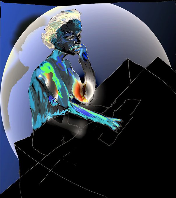 A stylized digital painting depicting a figure with short blonde hair in a contemplative stance, featuring vibrant blue and green hues against a large pale sphere and dark, angular geometric shapes.