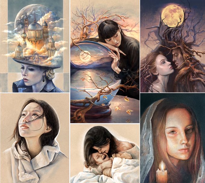 A collage of six surreal, painterly portraits featuring women intertwined with fantastical elements like a moonlit castle, flowing trees, glass orbs, and candles. The dreamlike, artistic compositions align well with the post's caption, "Just my art," showcasing the creator's imaginative and evocative body of work.