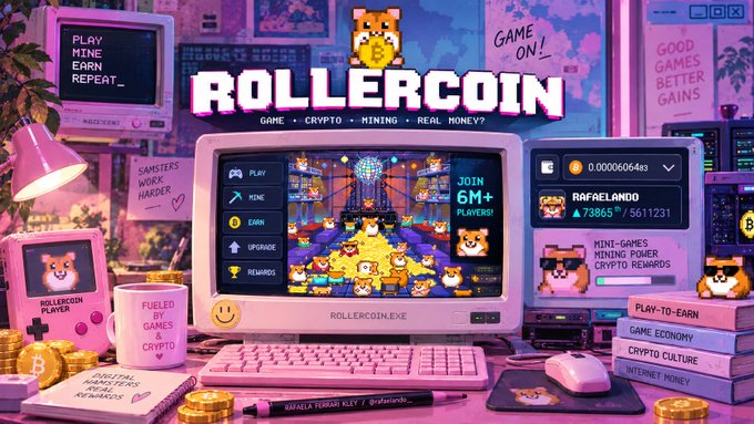 A promotional graphic for RollerCoin featuring a retro pixel-art theme with a dog mascot, advertising a crypto mining game with the tagline 'PLAY MINE EARN REPEAT'.
