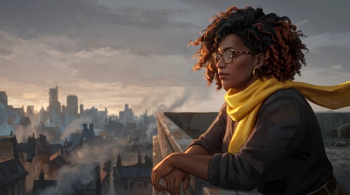 A young woman with curly auburn hair, glasses, and a yellow scarf gazes thoughtfully over a misty, smoke-draped cityscape at sunset, her arms resting on a rooftop ledge. The contemplative scene mirrors the post's message of reflection and progress, celebrating how small steps have led to a vantage point of perspective and quiet achievement.