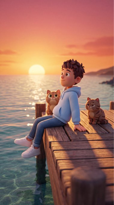 A 3D-animated boy in a blue hoodie sits on a wooden pier at sunset with two orange cats beside him, overlooking calm water.