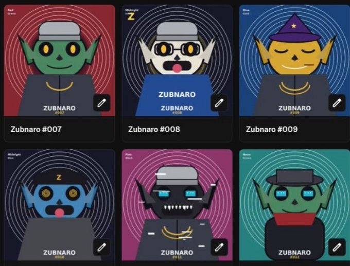 A grid of six NFT character cards from the 'ZUBNARO' collection, numbered #007 through #012, showing various goblin and witch characters with different attributes.