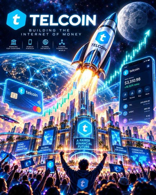 A vibrant promotional poster for Telcoin (TEL) features a rocket emblazoned with its logo launching toward a moon also marked with the "T" symbol, alongside a smartphone showing an account balance of $3,310.98 with a +16.59% gain, accompanied by the tagline "Building the Internet of Money" and various benefits like "Banking for Everyone," "Global Payments," and "A Fairer Financial Future." The image visually captures the post's "$TEL them all!" message by showcasing TEL as a powerful, upward-bound cryptocurrency with significant gains.
