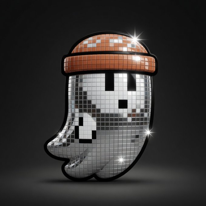 A 3D-rendered, disco-ball style depiction of a Middle Eastern ghost emoji character (speaking head) wearing an orange keffiyeh head covering.