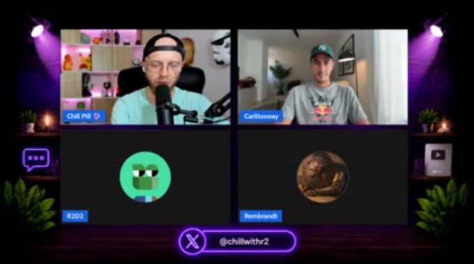 A Twitter/X Space hosted by '@chillwithrz' features two participants, 'Osla Pill Jr' and 'Carlosway,' with their profile pictures shown below in a split-screen video call format.