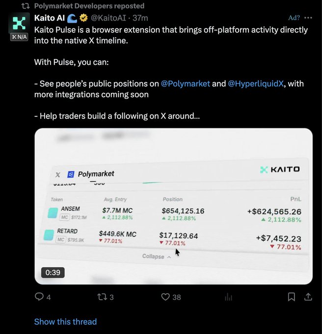 A screenshot of a Kaito AI tweet announcing "Kaito Pulse," a browser extension that integrates Polymarket and HyperliquidX positions into the X timeline, showing a portfolio display with tokens ANSEM ($654,125.16, +$624,565.26) and RETARD ($17,129.64, +$7,452.23). The image relates to the post by highlighting the new collaboration between Polymarket and KaitoAI, evidenced by Polymarket Developers reposting Kaito's announcement.