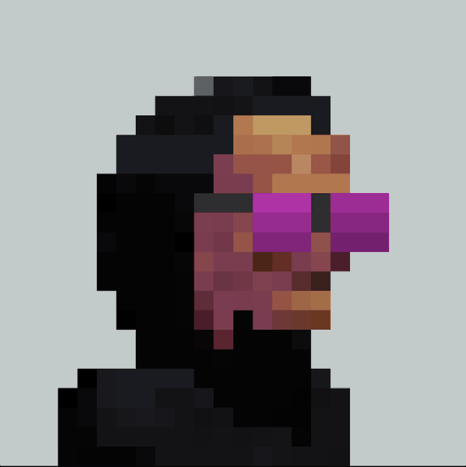 A pixel-art profile picture featuring a stylized side profile of a person wearing magenta sunglasses, with a black hood or hair, dark clothing, and warm-toned skin tones in a mosaic style. The artwork serves as the new PFP referenced in the post, created by @MuseFacktory and @lphaCentauriKid to celebrate claiming the "Argonaut 4025" NFT.