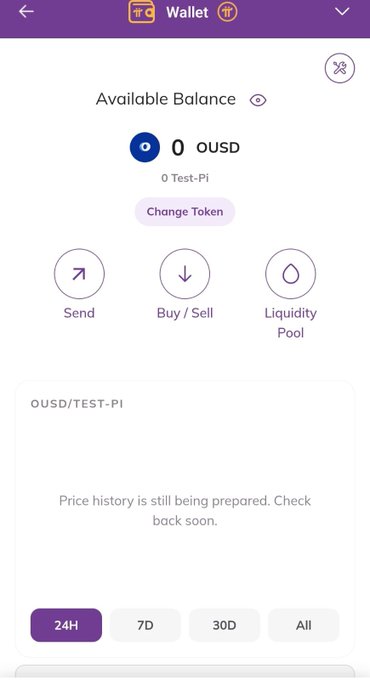 A mobile wallet interface displays an OpenPay Wallet showing an available balance of 0 OUSD with 0 TEST-PI, featuring Send, Buy/Sell, and Liquidity Pool action buttons, alongside a price history section for the OUSD/TEST-PI pair that is still being prepared. The screenshot illustrates the wallet functionality being promoted in the post about OpenPay's integration with the Pi ecosystem for sending OUSD directly to Pi Wallets.