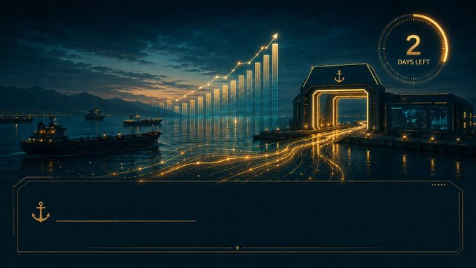 A digital illustration of a futuristic nighttime port facility with a glowing bar chart overlay and a circular UI element reading '2 DAYS LEFT'.