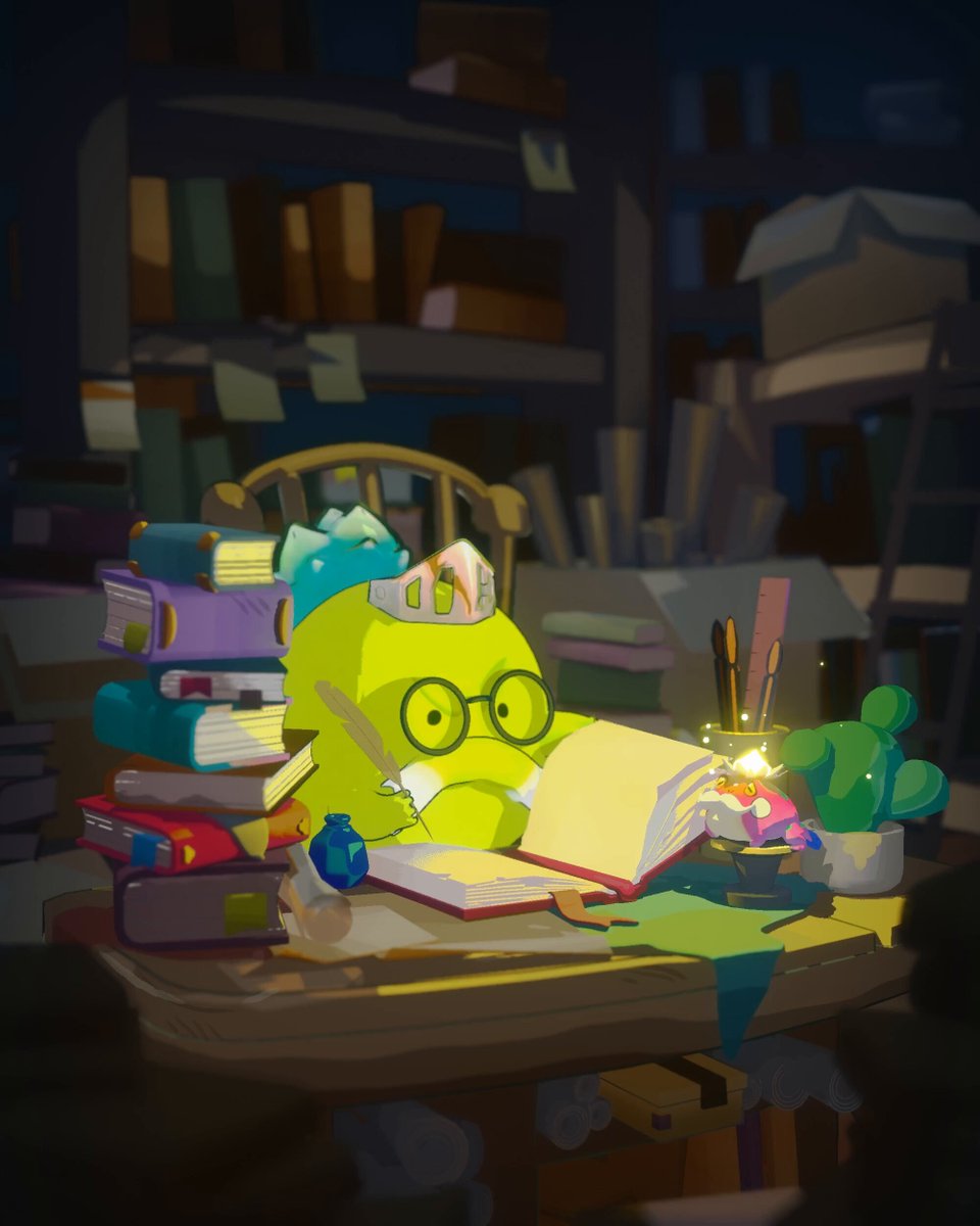 The image features a cartoon green frog sitting at a desk surrounded by stacks of books. The frog appears to be reading an open book or working on a project. In addition to the frog, there are several other books scattered around the scene. A potted plant is also present in the background, adding some greenery to the setting. The image seems to be related to a post about two upcoming projects: "Atia's Legacy" and "Terrariums".