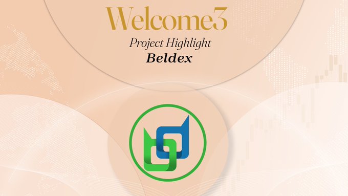 A promotional graphic with the text 'Welcome³ Project Highlight Beldex' displayed in gold and black lettering on a beige background. Below the text is a circular green logo featuring stylized blue and green geometric shapes.
