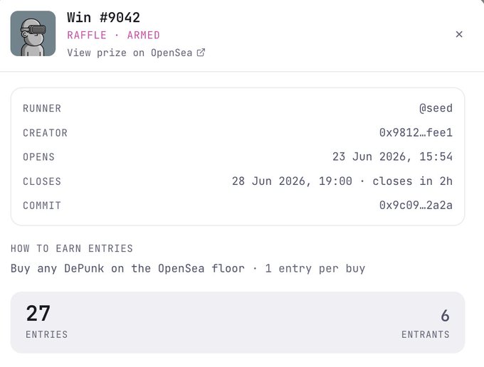 Screenshot of a DePunk raffle called "Win #9042" showing 27 entries from 6 entrants, scheduled to close in 2 hours, with the creator wallet 0x9812…fee1 and commit 0x9c09…2a2a displayed for the @npconchain giveaway.