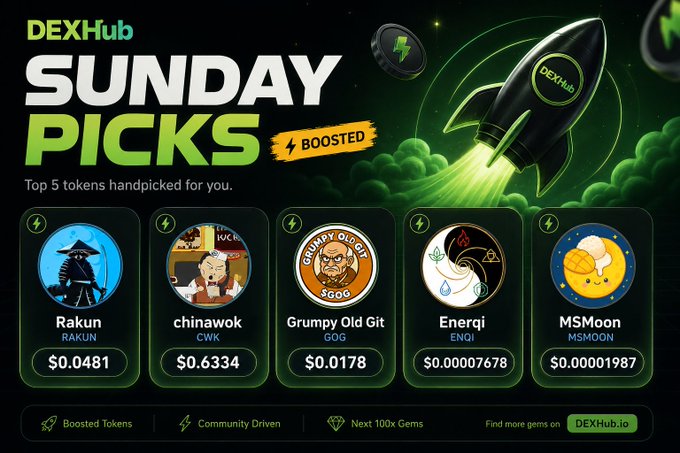 A promotional graphic from DEXHub titled 'SUNDAY PICKS BOOSTED' featuring top 5 handpicked tokens: Rakun (RAKUN) at $0.0481, chinawok (CWK) at $0.6334, Grumpy Old Git (GOG) at $0.0178, Enerqi (ENQI) at $0.00007678, and MSMoon (MSMOON) at $0.00001987, with a rocket illustration.