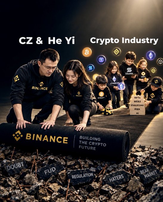 A promotional-style image showing CZ and He Yi from Binance kneeling and rolling out a banner labeled 'BINANCE - BUILDING THE CRYPTO FUTURE' across rubble labeled with words like 'DOUBT', 'FUD', 'REGULATION', 'HATERS', and 'BEAR MARKET', with children placing blocks labeled with crypto terms (NFTs, WEB3, STABLECOINS, RWA, AI) and logos including Bitcoin, Solana, Doge, and Ethereum.