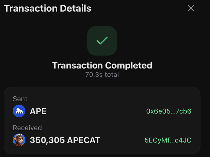 A digital 'Transaction Details' screen shows a completed transaction, indicating 'Sent APE' and 'Received 350,305 APECAT' in 70.3s total.