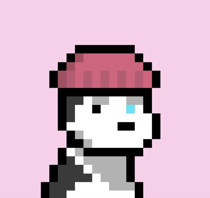 A pixel art character with a pink/red cap or hair against a light pink background.