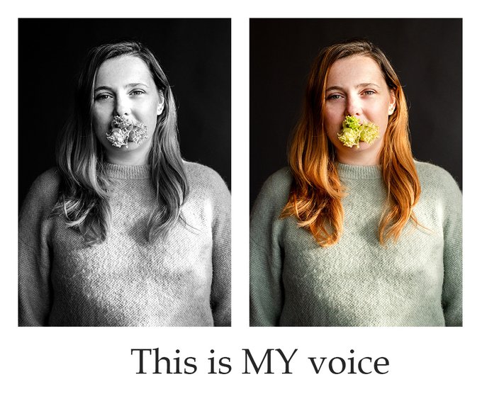 A side-by-side comparison showing the same woman holding flowers in her mouth, presented in black and white on the left and in color on the right, with the text 'This is MY voice' below.