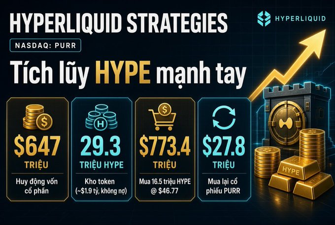 A promotional infographic for 'HYPERLIQUID STRATEGIES' (NASDAQ: PURR) with Vietnamese text 'Tích lũy HYPE mạnh tay', showing metrics including $647M equity raise, 29.3M HYPE token treasury, $773.4M buyback, and $27.8M PURR repurchase, alongside a vault and gold HYPE bars.