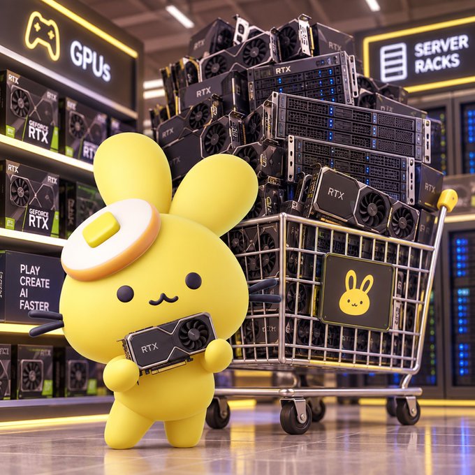 A cute cartoon yellow character holds up an NVIDIA RTX 5090 graphics card box against a red curtain backdrop, with a black price tag reading "5090" and "750" beside it.

The image playfully ties into the "Mystery Stock #36" post by personifying the act of grabbing a graphics card before a price spike, using the GPU purchase scenario as a relatable analogy for the PancakeSwap token offering.