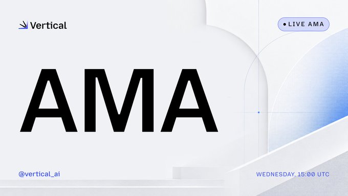 A Live AMA promotional graphic for Vertical, featuring the bold "AMA" text alongside the Vertical logo, the handle "@vertical_ai," and event details noting it takes place Wednesday at 15:00 UTC, matching the post's announcement about the bi-weekly Vertical AMA covering the next development phase and upcoming plans.